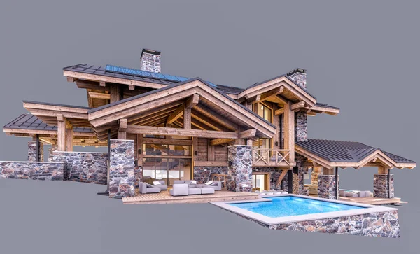 Rendering Modern Cozy Chalet Dengan Kolam Renang Dan Parkir Untuk — Stok Foto