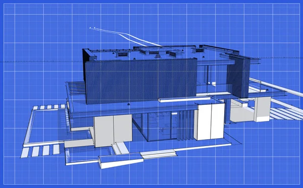 3D展示现代化舒适的房子 设有停车场和供出售的游泳池 或租用木制木板立面 带有白斑和蓝图背景的黑线草图 — 图库照片