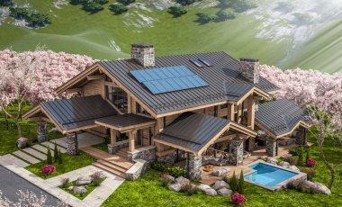 Havuzu ve kiralık park yeri olan modern konforlu bir dağ evi. Arka planda güzel orman dağları. Arka planda sakura çiçekleri olan çiçek açan ağaçlarla taze bir bahar günü..