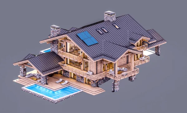 Rendering Von Modernen Gemütlichen Chalet Mit Pool Und Parkplatz Zum — Stockfoto