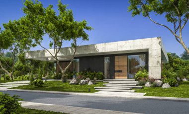 Modern tarzda yeni beton bir ev, havuz, park yeri ya da kira ve arka planda güzel bir peyzaj. Evin sadece bir katı var. Açık mavi gökyüzü ile güneşli yaz günü.