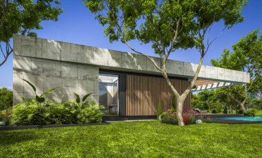 Modern tarzda yeni beton bir ev, havuz, park yeri ya da kira ve arka planda güzel bir peyzaj. Evin sadece bir katı var. Açık mavi gökyüzü ile güneşli yaz günü.