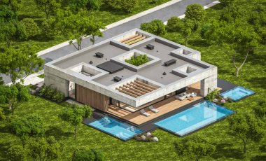 Modern tarzda yeni beton bir ev, havuz, park yeri ya da kira ve arka planda güzel bir peyzaj. Evin sadece bir katı var. Açık mavi gökyüzü ile güneşli yaz günü.