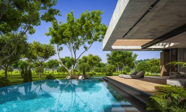 Modern tarzda yeni beton bir ev, havuz, park yeri ya da kira ve arka planda güzel bir peyzaj. Evin sadece bir katı var. Açık mavi gökyüzü ile güneşli yaz günü.