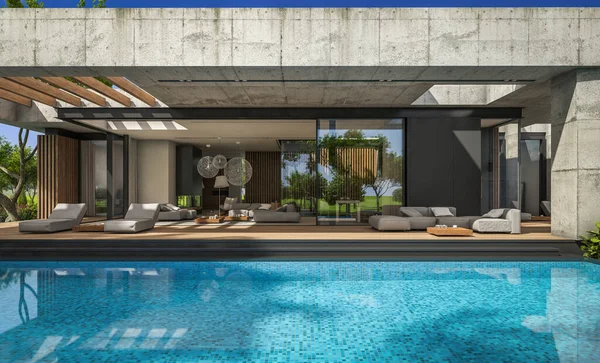 Modern tarzda yeni beton bir ev, havuz, park yeri ya da kira ve arka planda güzel bir peyzaj. Evin sadece bir katı var. Açık mavi gökyüzü ile güneşli yaz günü.