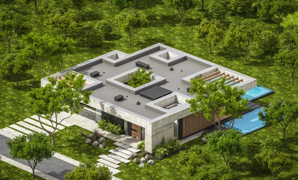 Rendering Von Neuen Betonhaus Modernen Stil Mit Pool Und Parkplatz — Stockfoto