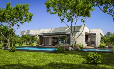 Modern tarzda yeni beton bir ev, havuz, park yeri ya da kira ve arka planda güzel bir peyzaj. Evin sadece bir katı var. Açık mavi gökyüzü ile güneşli yaz günü.