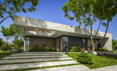 Modern tarzda yeni beton bir ev, havuz, park yeri ya da kira ve arka planda güzel bir peyzaj. Evin sadece bir katı var. Açık mavi gökyüzü ile güneşli yaz günü.