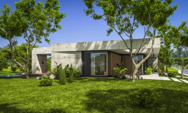 Modern tarzda yeni beton bir ev, havuz, park yeri ya da kira ve arka planda güzel bir peyzaj. Evin sadece bir katı var. Açık mavi gökyüzü ile güneşli yaz günü.