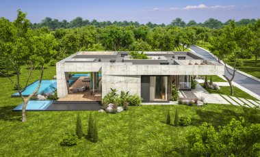 Modern tarzda yeni beton bir ev, havuz, park yeri ya da kira ve arka planda güzel bir peyzaj. Evin sadece bir katı var. Açık mavi gökyüzü ile güneşli yaz günü.