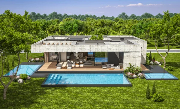 Representación Nueva Casa Hormigón Estilo Moderno Con Piscina Aparcamiento Venta — Foto de Stock