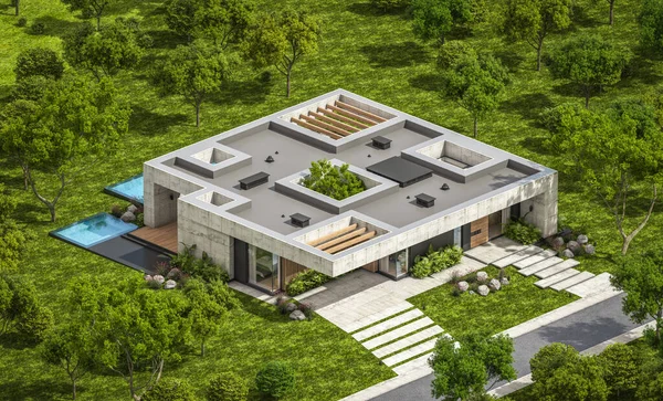 Representación Nueva Casa Hormigón Estilo Moderno Con Piscina Aparcamiento Venta — Foto de Stock