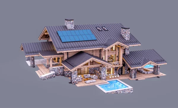 Rendering Modern Cozy Chalet Dengan Kolam Renang Dan Parkir Untuk — Stok Foto