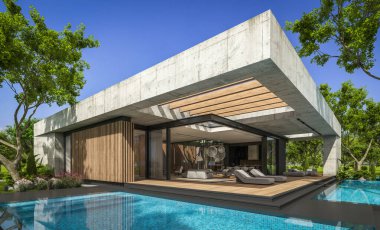 Modern tarzda yeni beton bir ev, havuz, park yeri ya da kira ve arka planda güzel bir peyzaj. Evin sadece bir katı var. Açık mavi gökyüzü ile güneşli yaz günü.