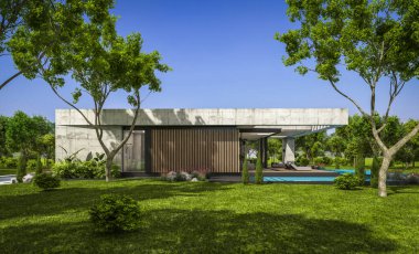 Modern tarzda yeni beton bir ev, havuz, park yeri ya da kira ve arka planda güzel bir peyzaj. Evin sadece bir katı var. Açık mavi gökyüzü ile güneşli yaz günü.