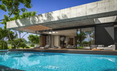 Modern tarzda yeni beton bir ev, havuz, park yeri ya da kira ve arka planda güzel bir peyzaj. Evin sadece bir katı var. Açık mavi gökyüzü ile güneşli yaz günü.