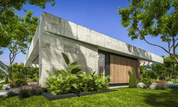 Modern tarzda yeni beton bir ev, havuz, park yeri ya da kira ve arka planda güzel bir peyzaj. Evin sadece bir katı var. Açık mavi gökyüzü ile güneşli yaz günü.