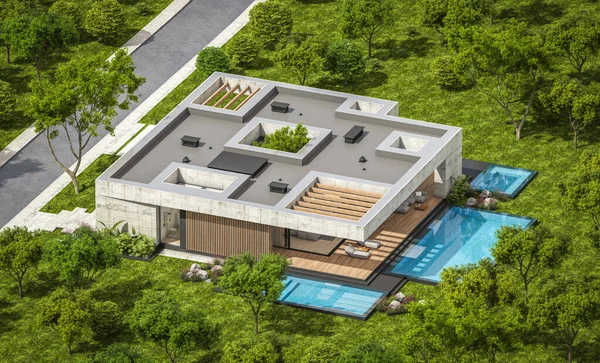 Renderização Casa Concreto Novo Estilo Moderno Com Piscina Estacionamento Para — Fotografia de Stock