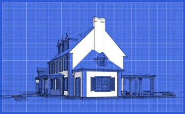Arka planda güzel peyzajlı, garajı ve havuzu satılık ya da kirası olan koloni tarzında modern konforlu klasik evin 3D görüntüsü. Beyaz nokta ve plan arkaplanlı siyah çizgi çizimi
