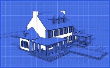 Arka planda güzel peyzajlı, garajı ve havuzu satılık ya da kirası olan koloni tarzında modern konforlu klasik evin 3D görüntüsü. Beyaz nokta ve plan arkaplanlı siyah çizgi çizimi