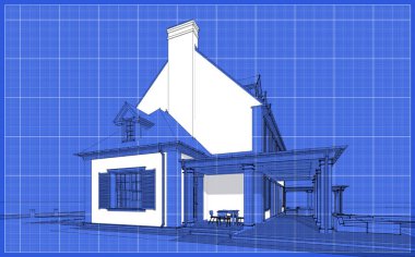 Arka planda güzel peyzajlı, garajı ve havuzu satılık ya da kirası olan koloni tarzında modern konforlu klasik evin 3D görüntüsü. Beyaz nokta ve plan arkaplanlı siyah çizgi çizimi