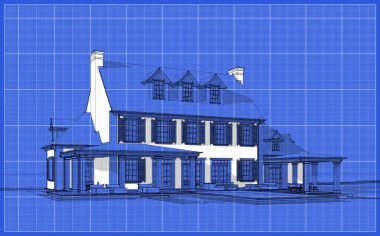 Arka planda güzel peyzajlı, garajı ve havuzu satılık ya da kirası olan koloni tarzında modern konforlu klasik evin 3D görüntüsü. Beyaz nokta ve plan arkaplanlı siyah çizgi çizimi