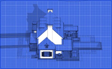 Arka planda güzel peyzajlı, garajı ve havuzu satılık ya da kirası olan koloni tarzında modern konforlu klasik evin 3D görüntüsü. Beyaz nokta ve plan arkaplanlı siyah çizgi çizimi