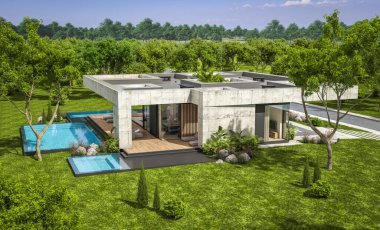 Modern tarzda yeni beton bir ev, havuz, park yeri ya da kira ve arka planda güzel bir peyzaj. Evin sadece bir katı var. Açık mavi gökyüzü ile güneşli yaz günü.