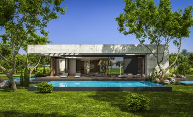 Modern tarzda yeni beton bir ev, havuz, park yeri ya da kira ve arka planda güzel bir peyzaj. Evin sadece bir katı var. Açık mavi gökyüzü ile güneşli yaz günü.