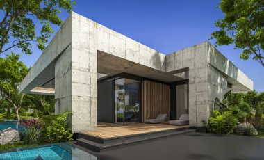 Modern tarzda yeni beton bir ev, havuz, park yeri ya da kira ve arka planda güzel bir peyzaj. Evin sadece bir katı var. Açık mavi gökyüzü ile güneşli yaz günü.