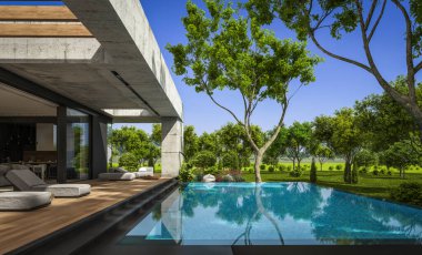 Modern tarzda yeni beton bir ev, havuz, park yeri ya da kira ve arka planda güzel bir peyzaj. Evin sadece bir katı var. Açık mavi gökyüzü ile güneşli yaz günü.