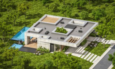 Modern tarzda yeni beton bir ev, havuz, park yeri ya da kira ve arka planda güzel bir peyzaj. Evin sadece bir katı var. Açık mavi gökyüzü ile güneşli yaz günü.