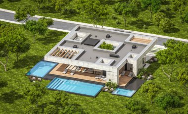 Modern tarzda yeni beton bir ev, havuz, park yeri ya da kira ve arka planda güzel bir peyzaj. Evin sadece bir katı var. Açık mavi gökyüzü ile güneşli yaz günü.