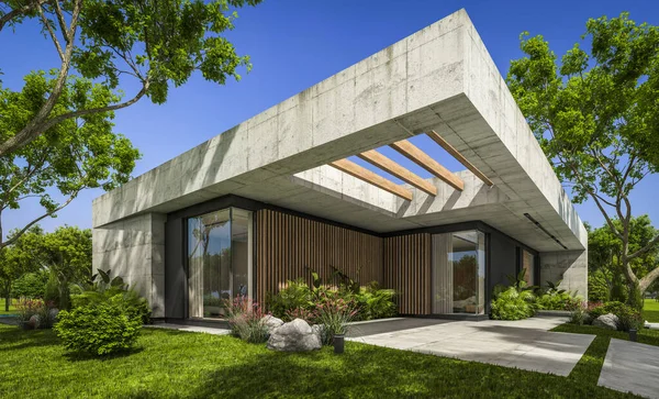 Modern tarzda yeni beton bir ev, havuz, park yeri ya da kira ve arka planda güzel bir peyzaj. Evin sadece bir katı var. Açık mavi gökyüzü ile güneşli yaz günü.