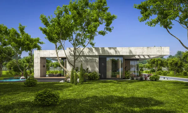 Renderização Casa Concreto Novo Estilo Moderno Com Piscina Estacionamento Para — Fotografia de Stock