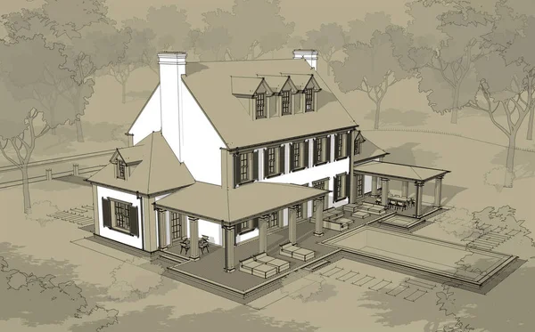 Återgivning Modernt Mysigt Klassiskt Hus Kolonial Stil Med Garage Och — Stockfoto