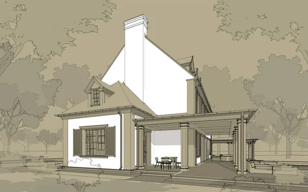 3D风格的现代舒适古典式住宅的渲染 带有车库和供出售或出租的游泳池 具有白斑的黑线草图及手绘背景的随行人员 — 图库照片