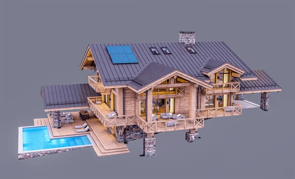 Rendering Von Modernen Gemütlichen Chalet Mit Pool Und Parkplatz Zum — Stockfoto