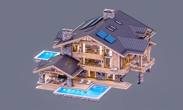 Rendering Von Modernen Gemütlichen Chalet Mit Pool Und Parkplatz Zum — Stockfoto