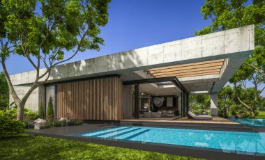 Modern tarzda yeni beton bir ev, havuz, park yeri ya da kira ve arka planda güzel bir peyzaj. Evin sadece bir katı var. Açık mavi gökyüzü ile güneşli yaz günü.