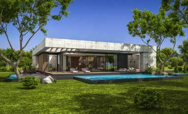 Modern tarzda yeni beton bir ev, havuz, park yeri ya da kira ve arka planda güzel bir peyzaj. Evin sadece bir katı var. Açık mavi gökyüzü ile güneşli yaz günü.