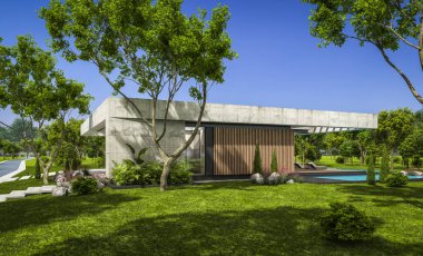 Modern tarzda yeni beton bir ev, havuz, park yeri ya da kira ve arka planda güzel bir peyzaj. Evin sadece bir katı var. Açık mavi gökyüzü ile güneşli yaz günü.