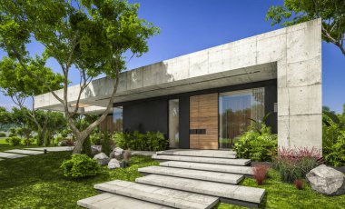 Modern tarzda yeni beton bir ev, havuz, park yeri ya da kira ve arka planda güzel bir peyzaj. Evin sadece bir katı var. Açık mavi gökyüzü ile güneşli yaz günü.