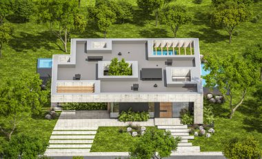 Modern tarzda yeni beton bir ev, havuz, park yeri ya da kira ve arka planda güzel bir peyzaj. Evin sadece bir katı var. Açık mavi gökyüzü ile güneşli yaz günü.