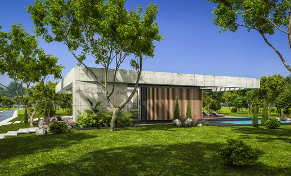 Modern tarzda yeni beton bir ev, havuz, park yeri ya da kira ve arka planda güzel bir peyzaj. Evin sadece bir katı var. Açık mavi gökyüzü ile güneşli yaz günü.