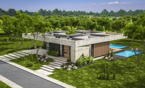 Representación Nueva Casa Hormigón Estilo Moderno Con Piscina Aparcamiento Venta — Foto de Stock