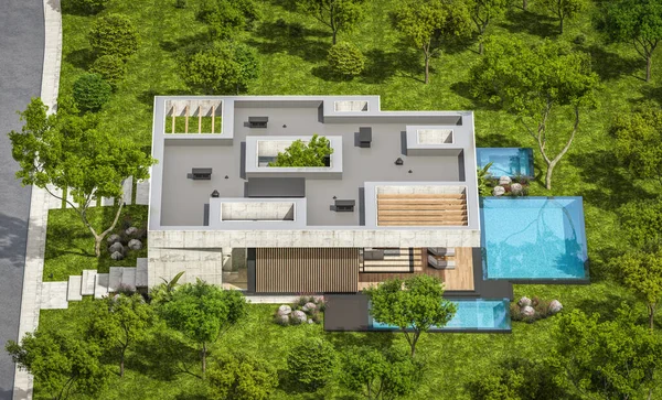 Rendering Von Neuen Betonhaus Modernen Stil Mit Pool Und Parkplatz — Stockfoto