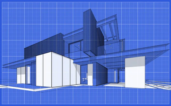 3D展示现代化舒适的房子 设有停车场和供出售的游泳池 或租用木制木板立面 带有白斑和蓝图背景的黑线草图 — 图库照片