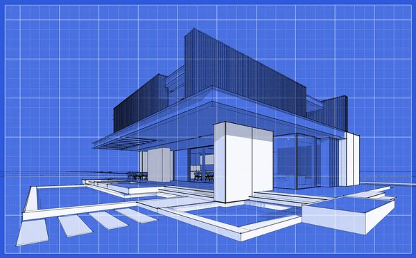 3D展示现代化舒适的房子 设有停车场和供出售的游泳池 或租用木制木板立面 带有白斑和蓝图背景的黑线草图 — 图库照片