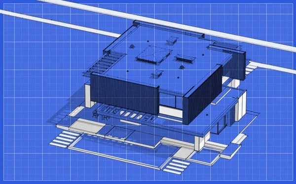 3D展示现代化舒适的房子 设有停车场和供出售的游泳池 或租用木制木板立面 带有白斑和蓝图背景的黑线草图 — 图库照片